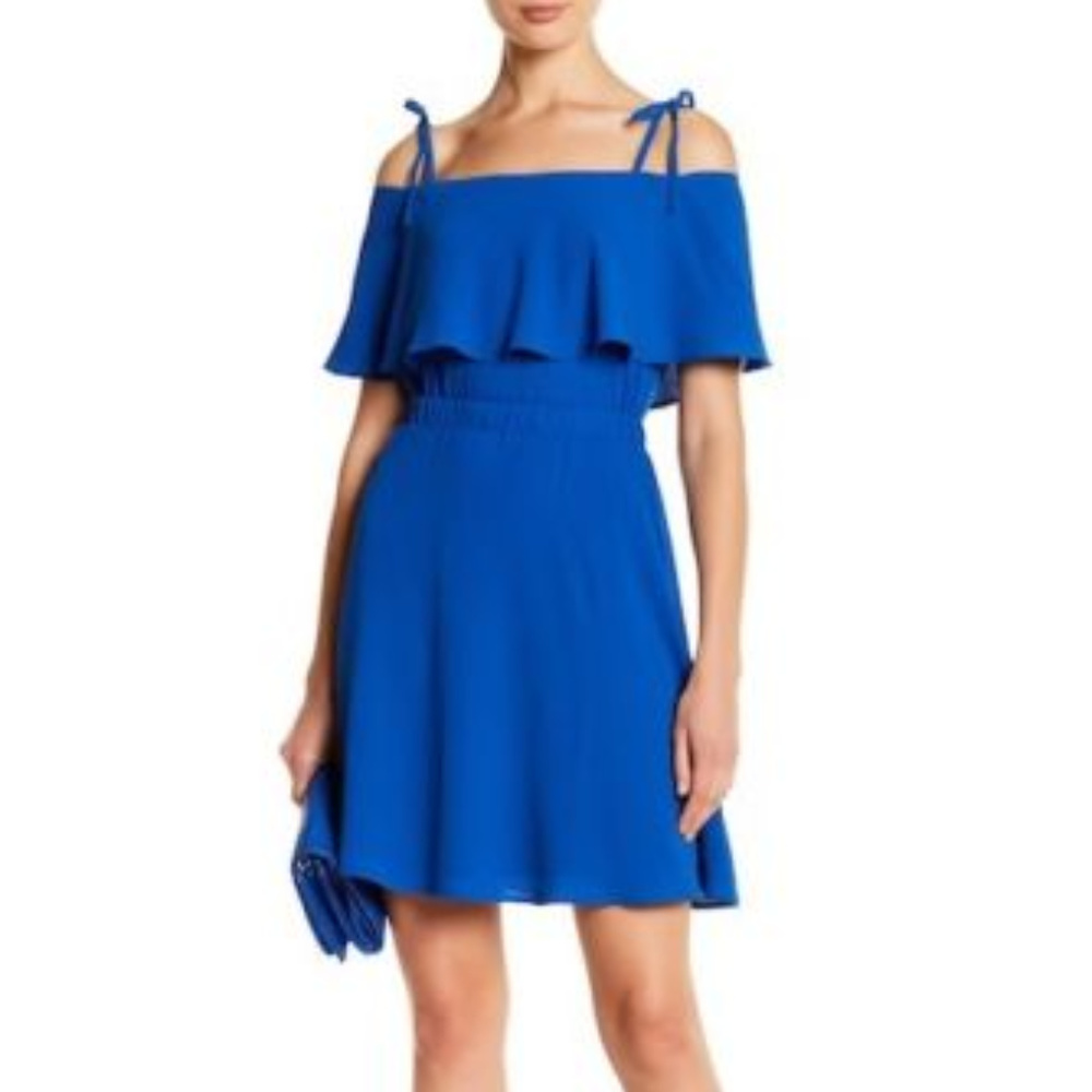 Crepe Popover Blue Ruffle Fit Flare Cold Shoulder